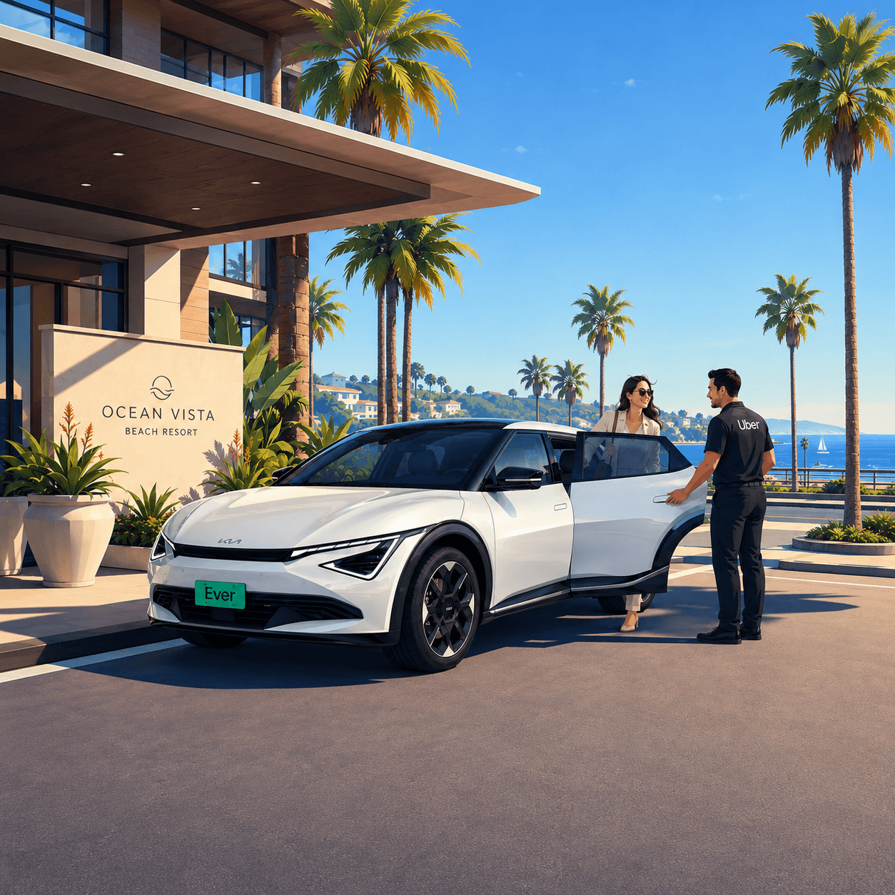 Uber driver receiving an EV at a coastal hotel