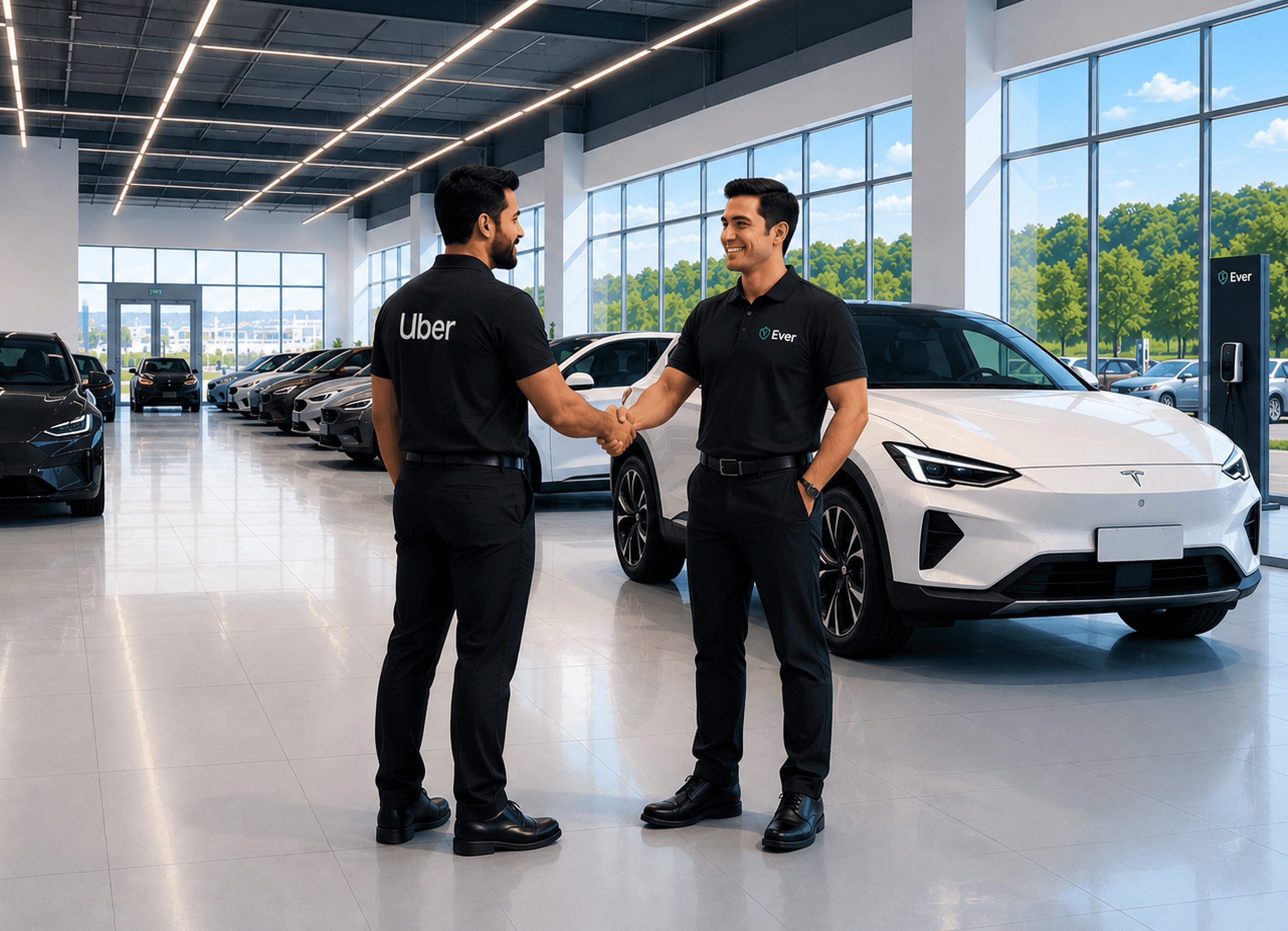 Ever and Uber specialists shaking hands in an EV showroom